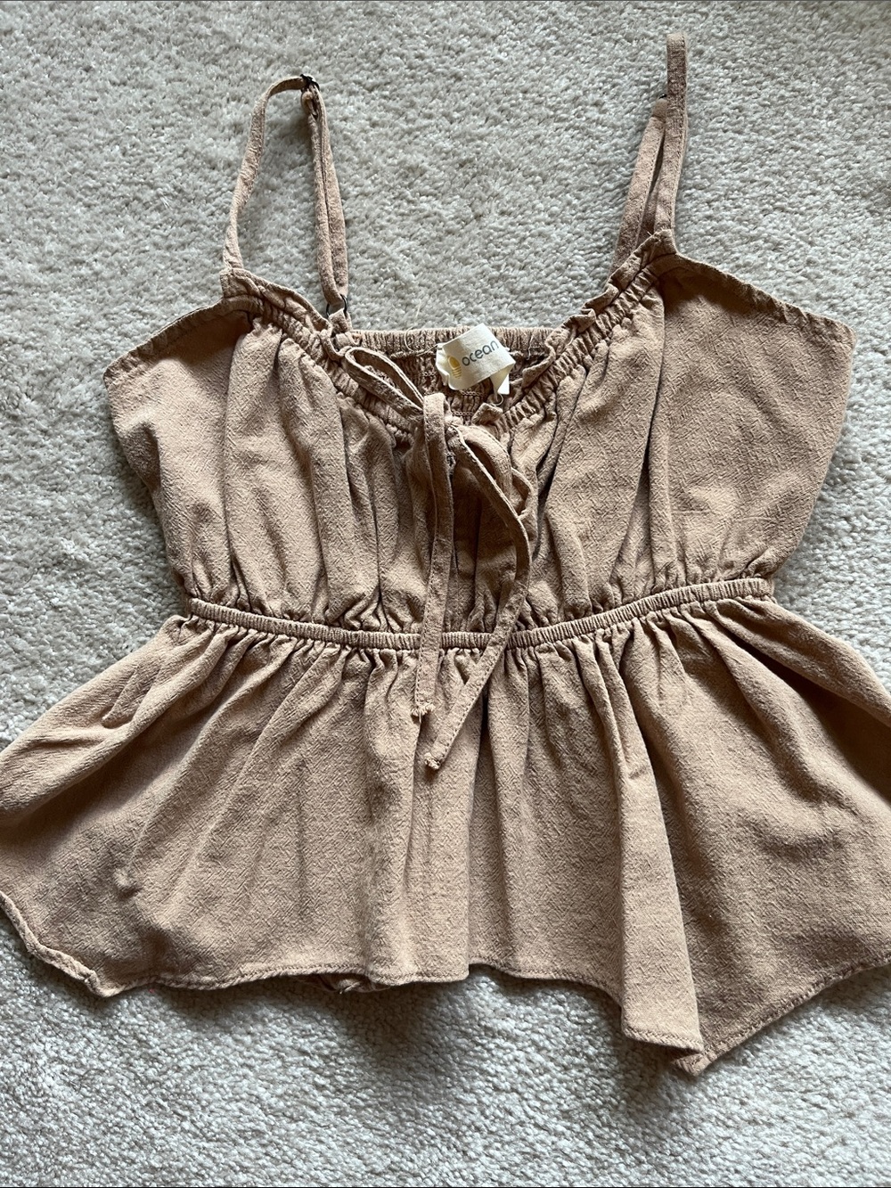 Tan Smocked Peplum Cami with Front Tie